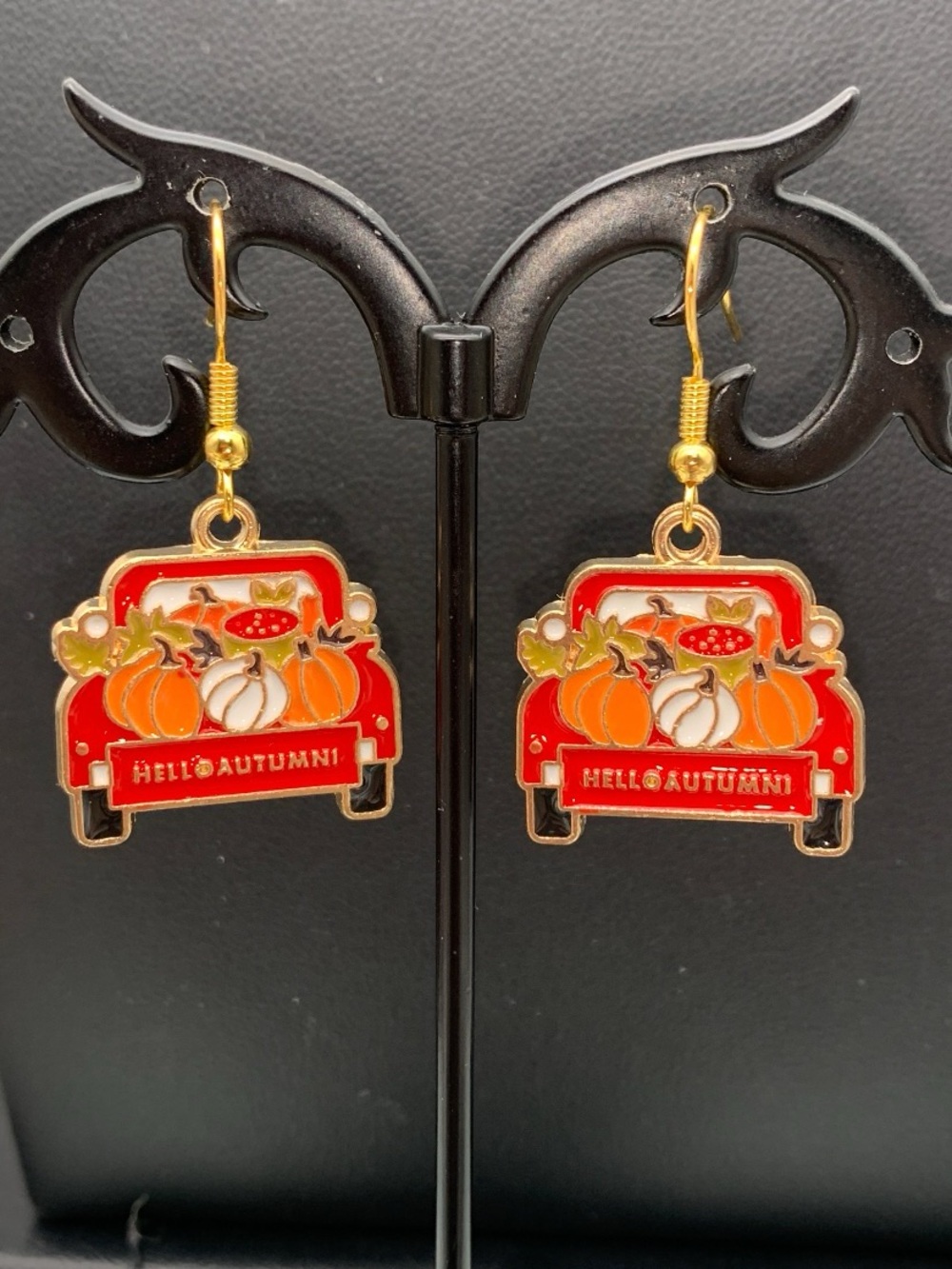 Hello Autumn Pumpkin red Truck Earrings - Red & Orange